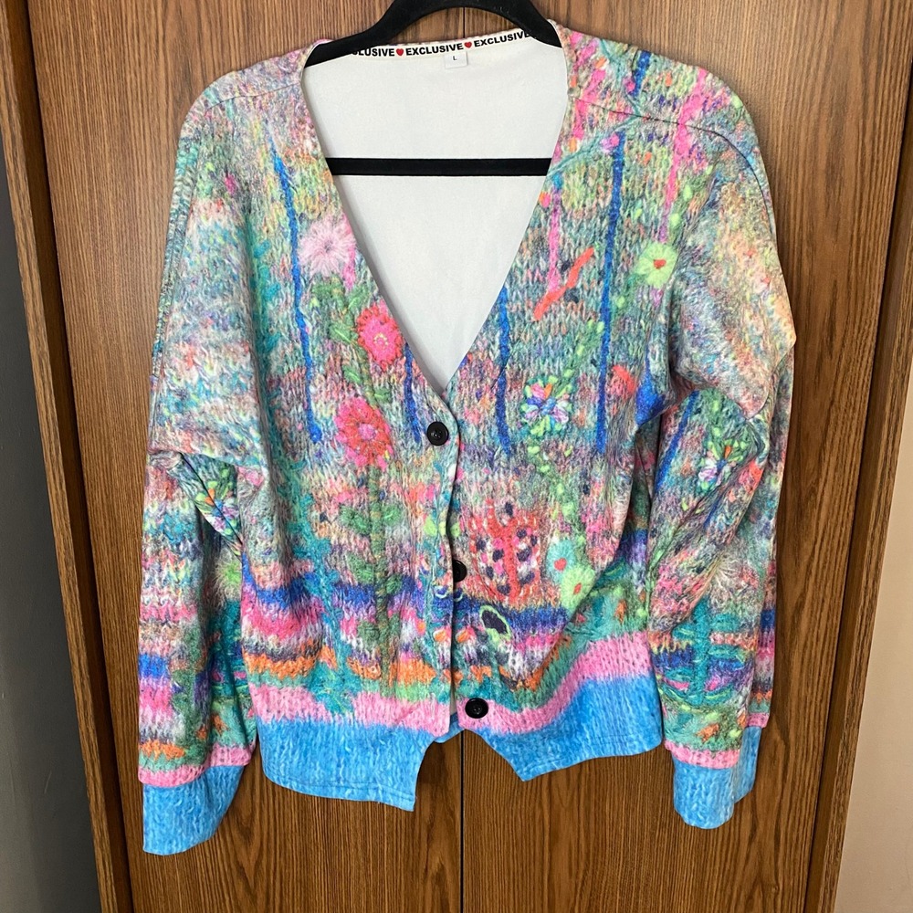 Exclusive Floral Cardigan Women Large Multicolor Impressionist Art Print‎ Top